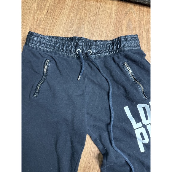 PINK Victoria's Secret Black Joggers Faux Leather Trim Love Pink Graphic Small - Picture 4 of 6